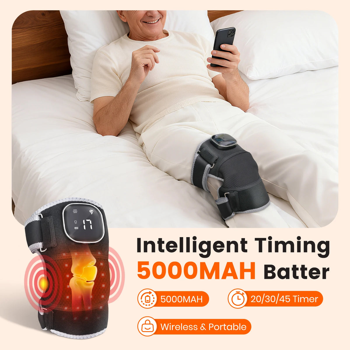 Cordless Heated Vibration Knee Massager With Thermal Pain Relief
