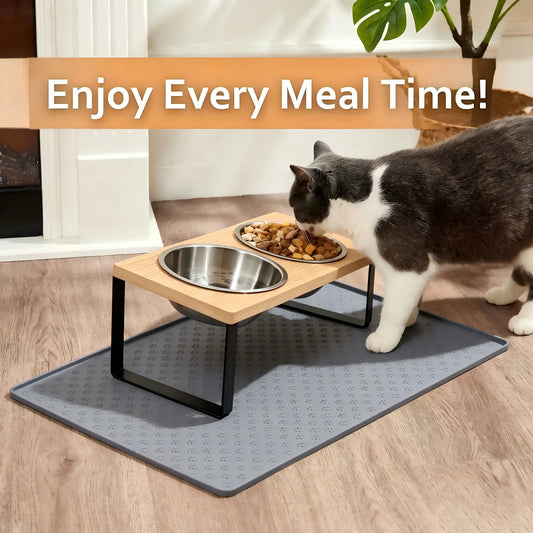Elevated Tilted Cat Bowl With Wooden Stand And Stainless Feeder
