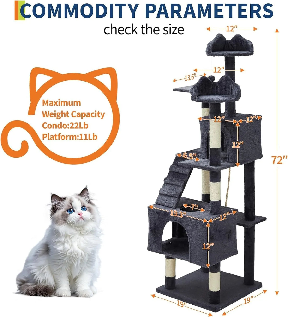 Tall 72 Inch Multi-Level Cat Tree With Scratching Posts