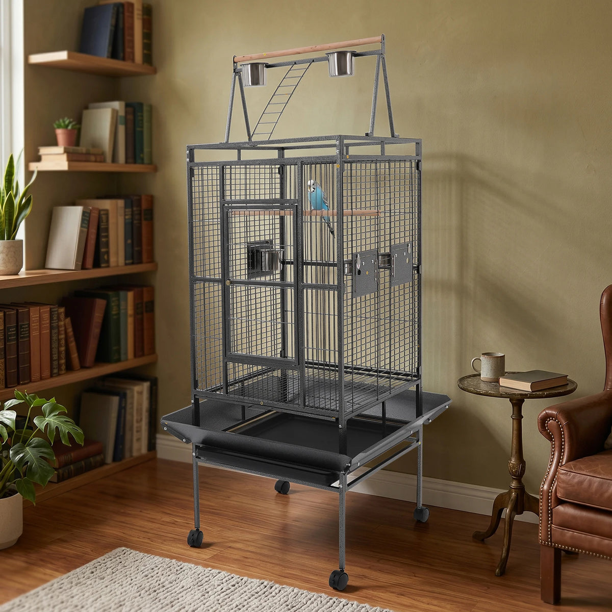 Spacious Rolling Parrot Aviary Cage With Lockable Wheels Metal Frame