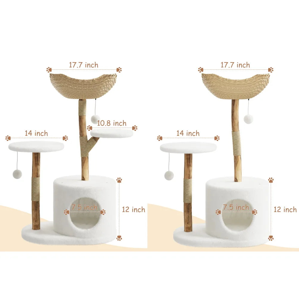 43 Inch Wooden Cat Tree Tower With Rattan Perches And Sturdy Base