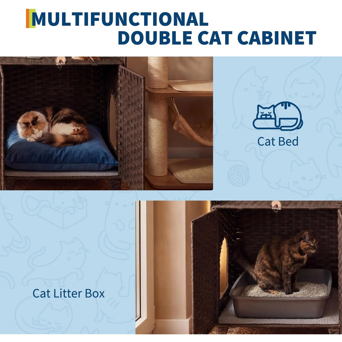 DishyKooker Rattan Litter Box Enclosure Hidden Doors Cat Furniture