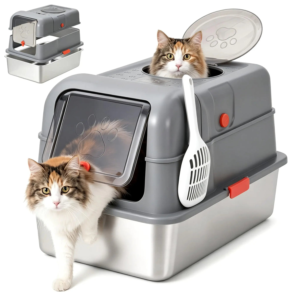 Studyset Enclosed Stainless Steel Cat Litter Box With Lid And Scoop
