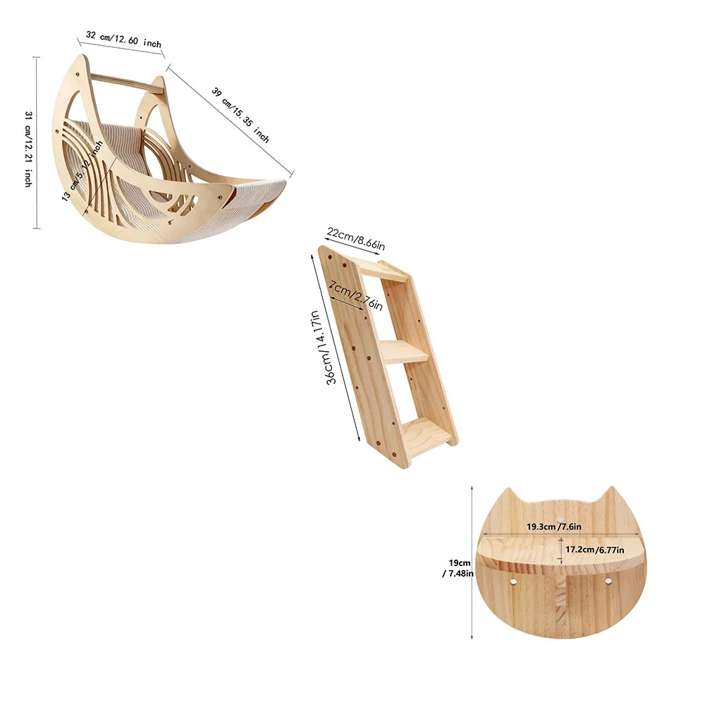CWV Wall Mounted Cat Shelves Pine Wood Moon Hammock Star Frame