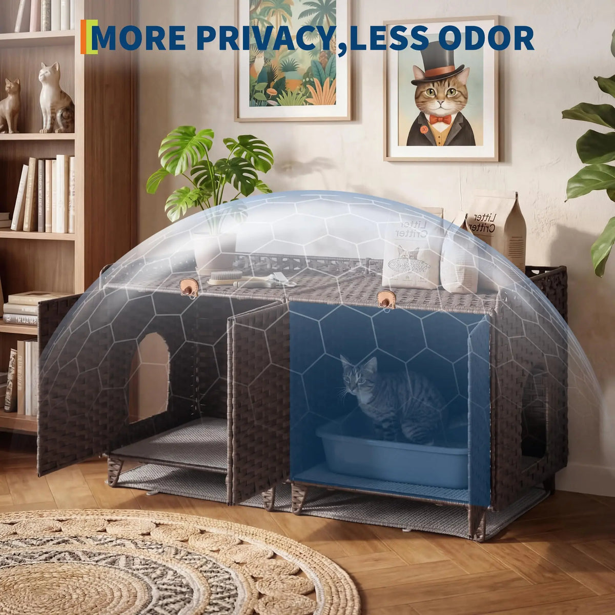 DishyKooker Rattan Litter Box Enclosure Hidden Doors Cat Furniture