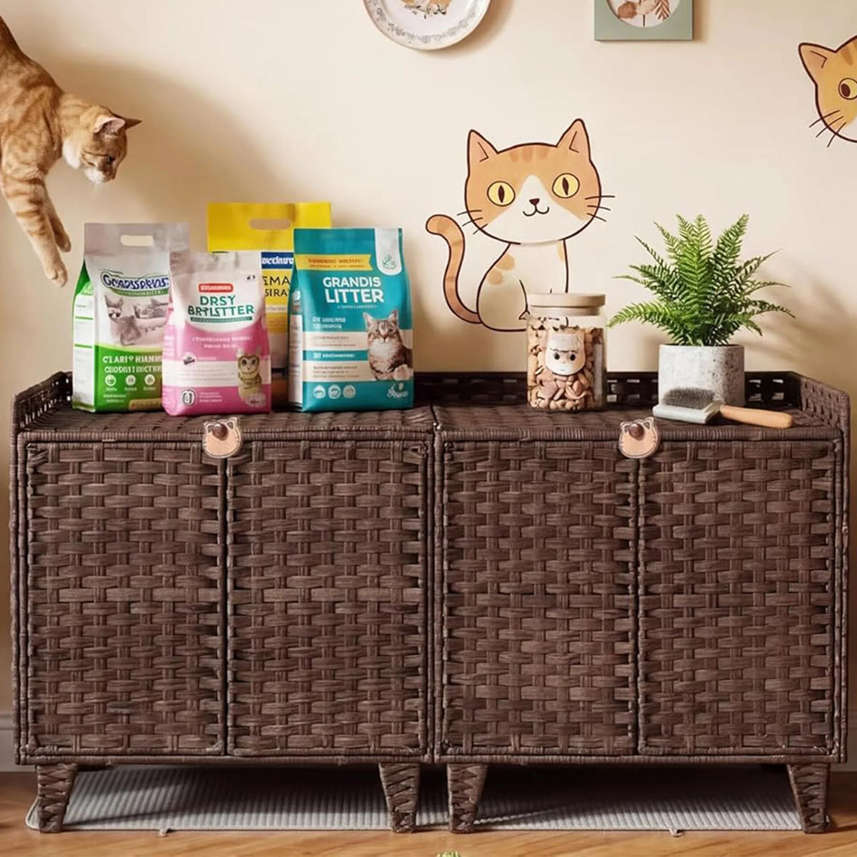DishyKooker Rattan Litter Box Enclosure Hidden Doors Cat Furniture