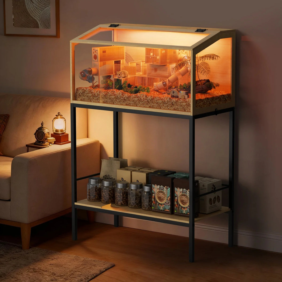 Chewproof Wooden Hamster Cage With Glass Panels And Led Light