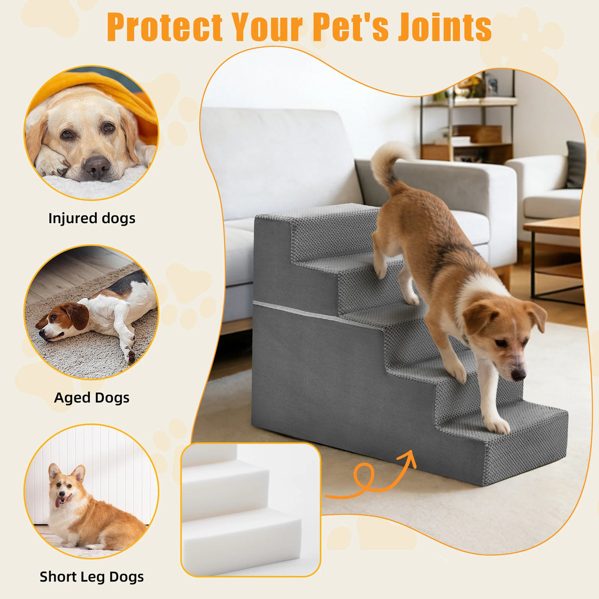 Premium Curved Foam Dog Stair Ramp For Small Pets Indoor