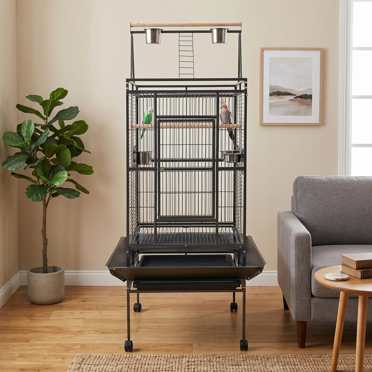 Spacious Rolling Parrot Aviary Cage With Lockable Wheels Metal Frame