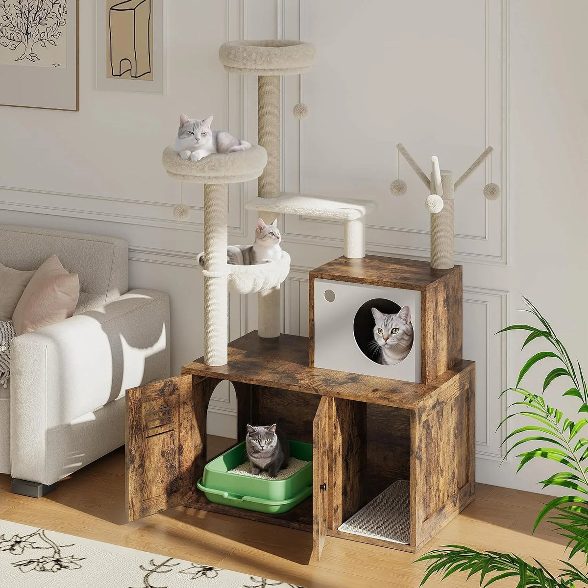 Modern 2-1 Cat Tower With Litter Box Enclosure And Perches