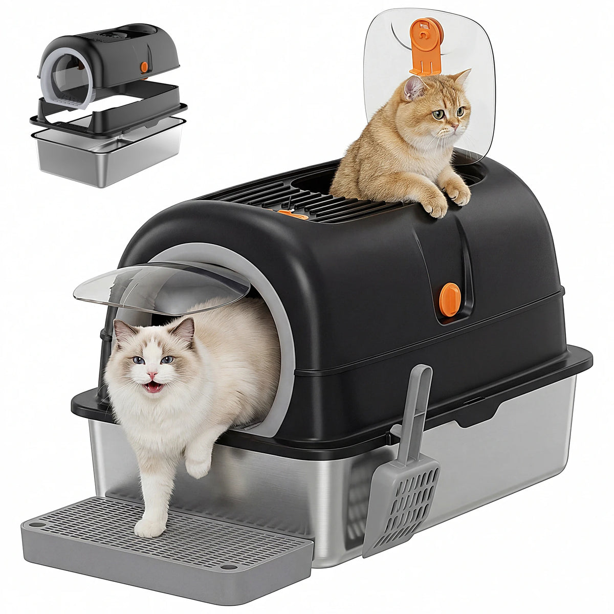 Stainless Steel Enclosed Cat Litter Box Scoop And Mat