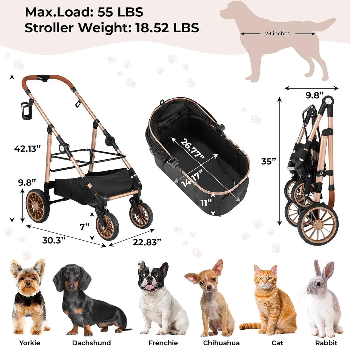Foldable All Terrain Pet Stroller With Storage Basket
