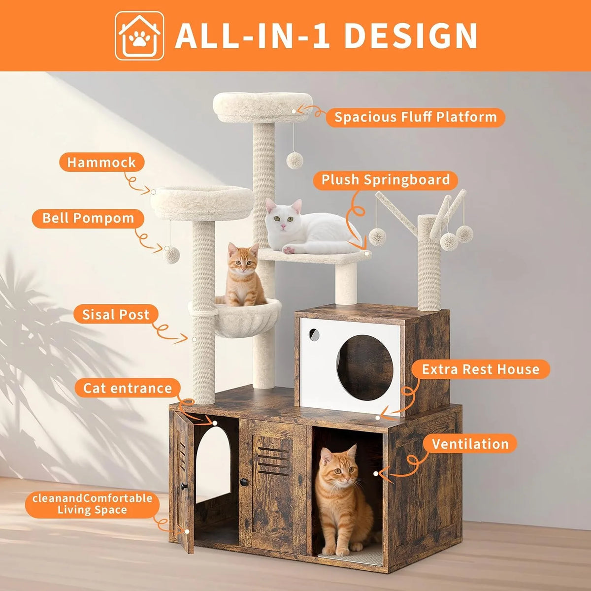 Modern 2-1 Cat Tower With Litter Box Enclosure And Perches