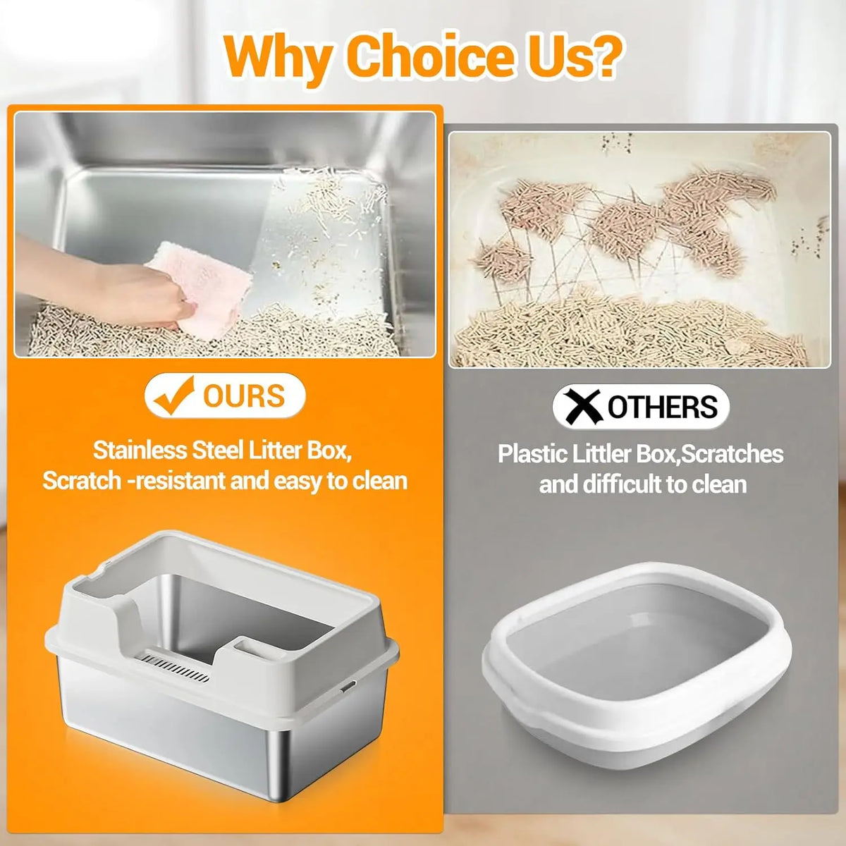 HiMISS Enclosed Stainless Steel Cat Litter Pan With Nonstick Base