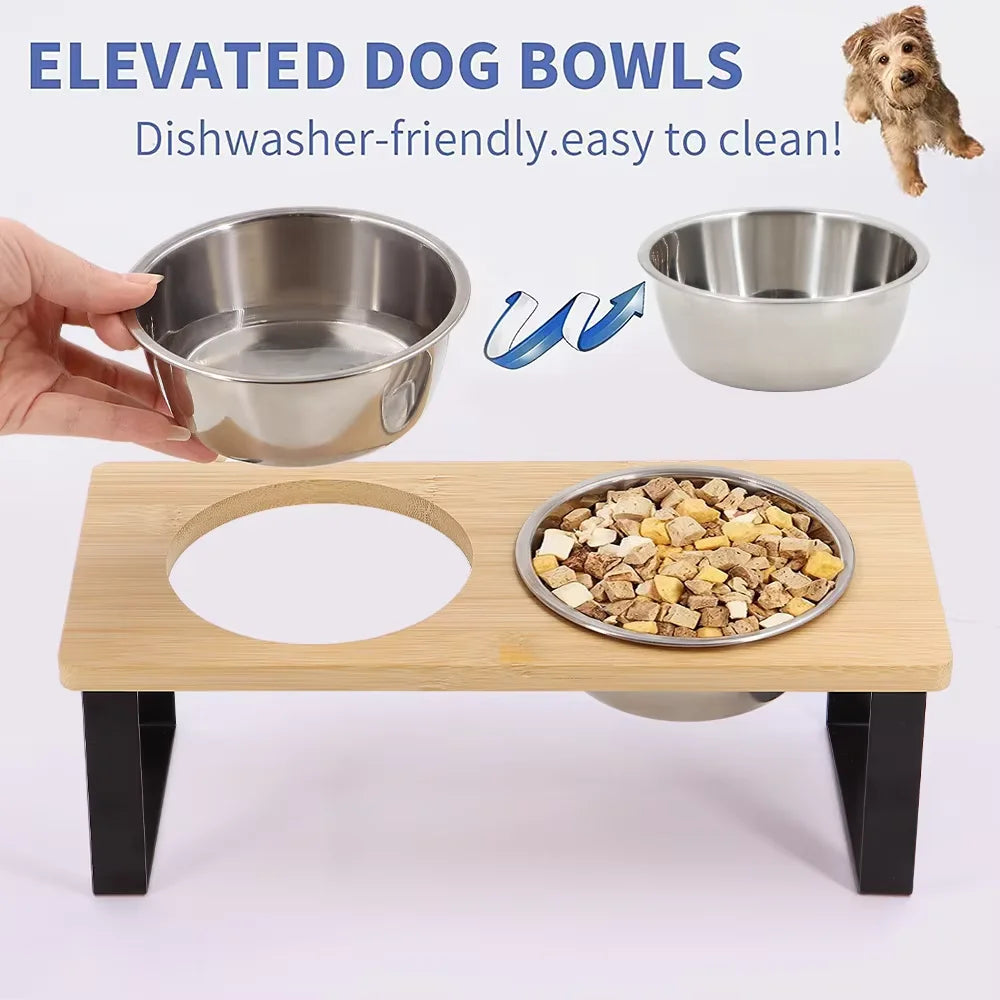 Elevated Tilted Cat Bowl With Wooden Stand And Stainless Feeder