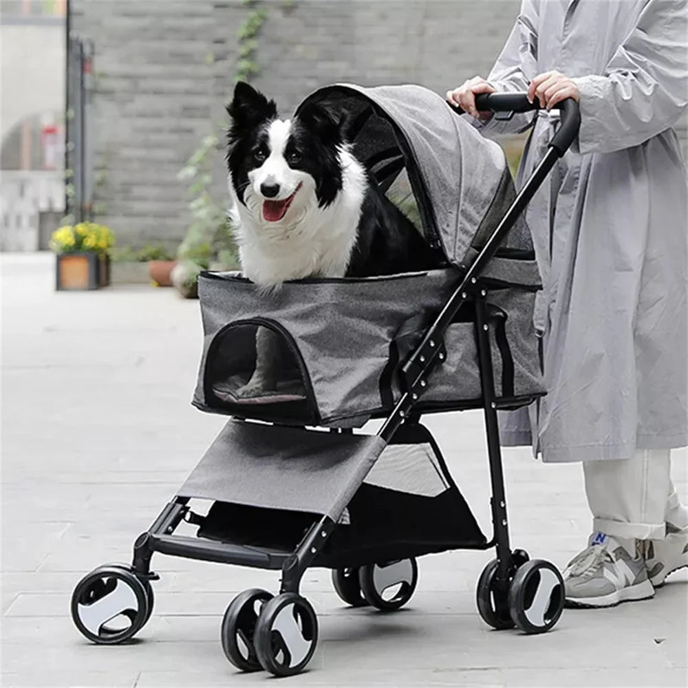 foldable pet dog stroller with storage basket and rain cover