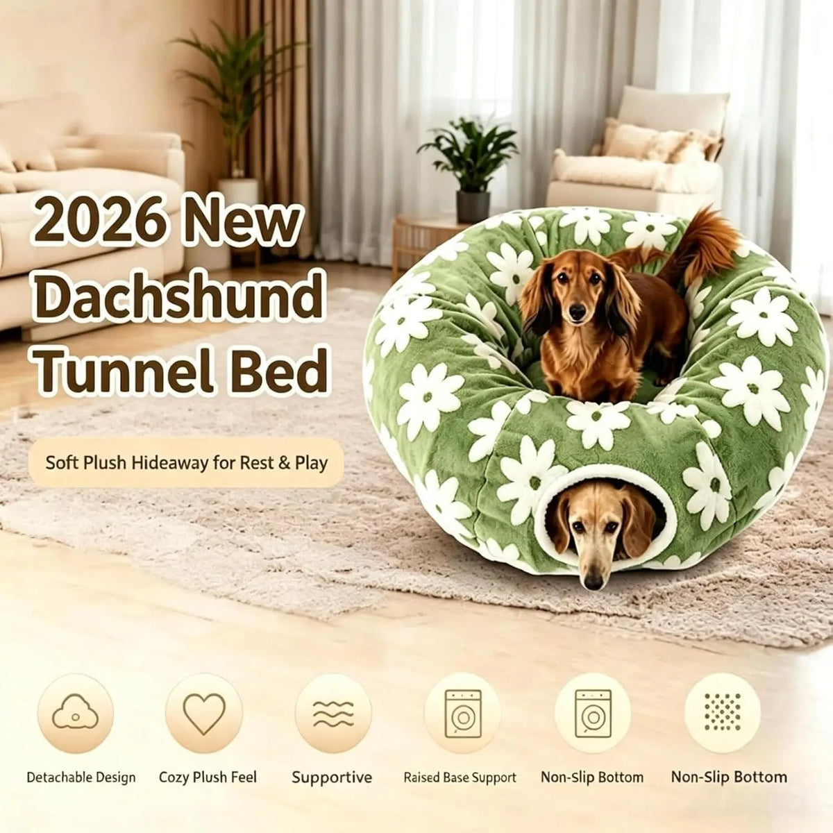 Plush Foldable Flower Tunnel Bed for Dachshunds and Small Dogs
