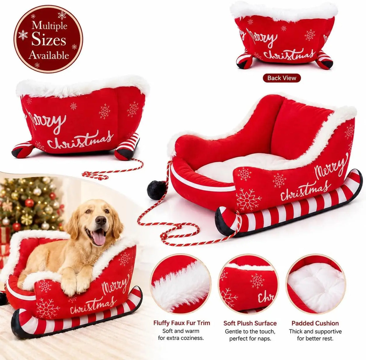 Christmas Dog Sleigh Bed, Calming Pet Sofa With Raised Sides