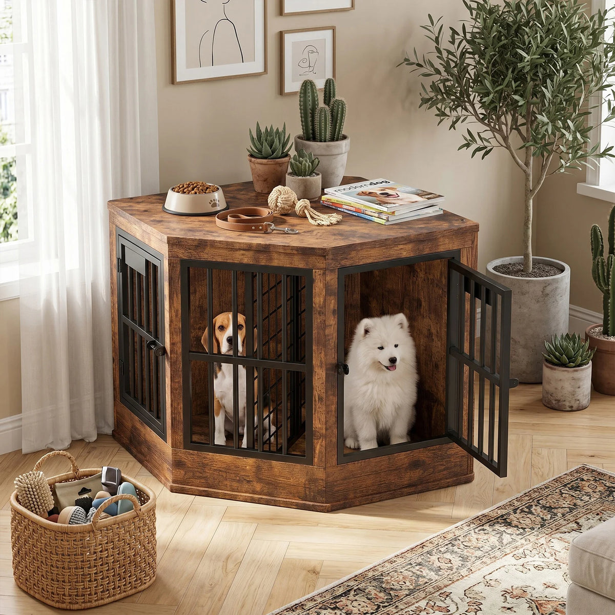 Modern Corner Dog Crate Furniture With Decorative TV Stand Design