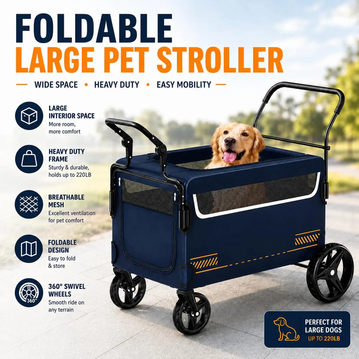 Collapsible Dog Stroller Wagon With Ramp And All Terrain Wheels