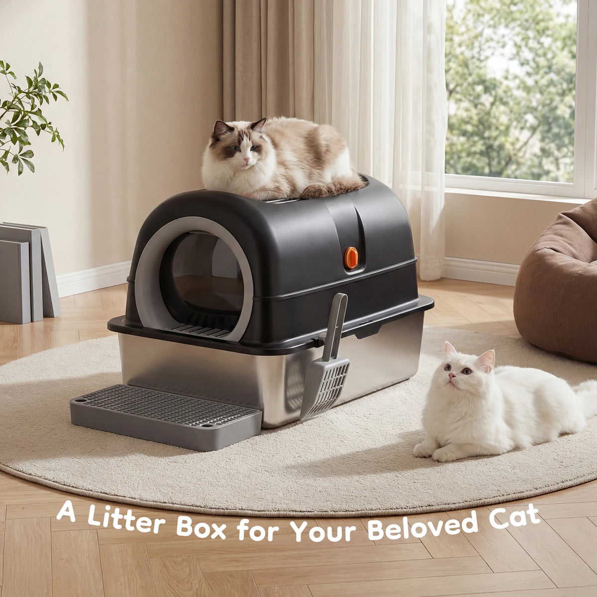 Stainless Steel Enclosed Cat Litter Box Scoop And Mat
