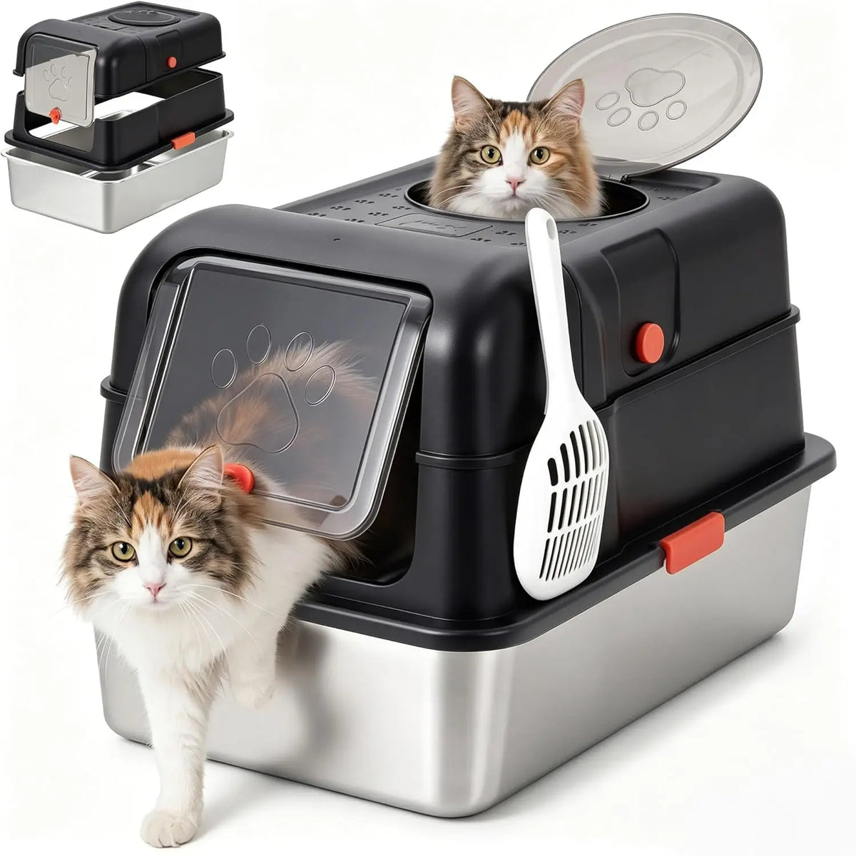 Studyset Enclosed Stainless Steel Cat Litter Box With Lid And Scoop
