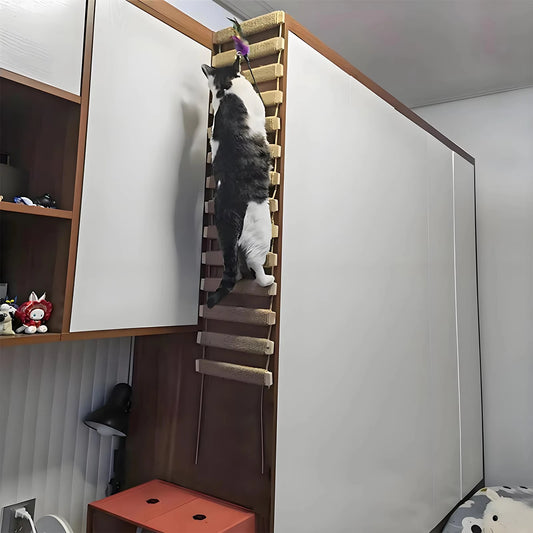 Wooden Cat Bridge With Sisal Rope Ladder Pet Scratcher Toy