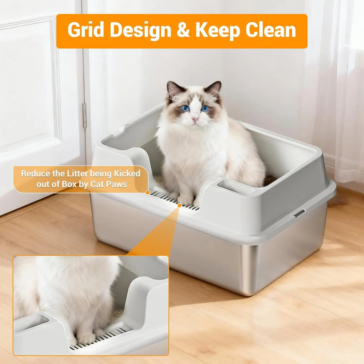 HiMISS Enclosed Stainless Steel Cat Litter Pan With Nonstick Base
