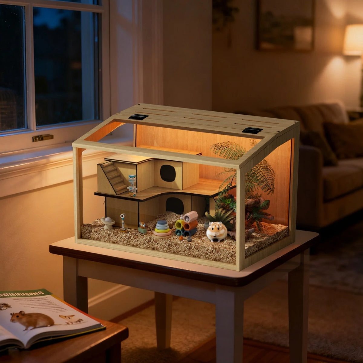 Chewproof Wooden Hamster Cage With Glass Panels And Led Light