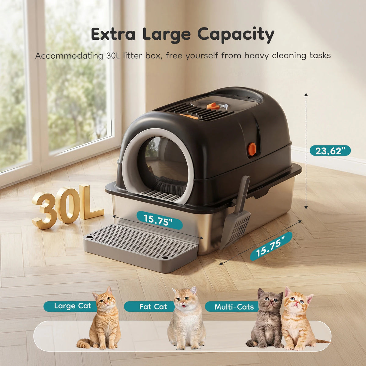 Stainless Steel Enclosed Cat Litter Box Scoop And Mat