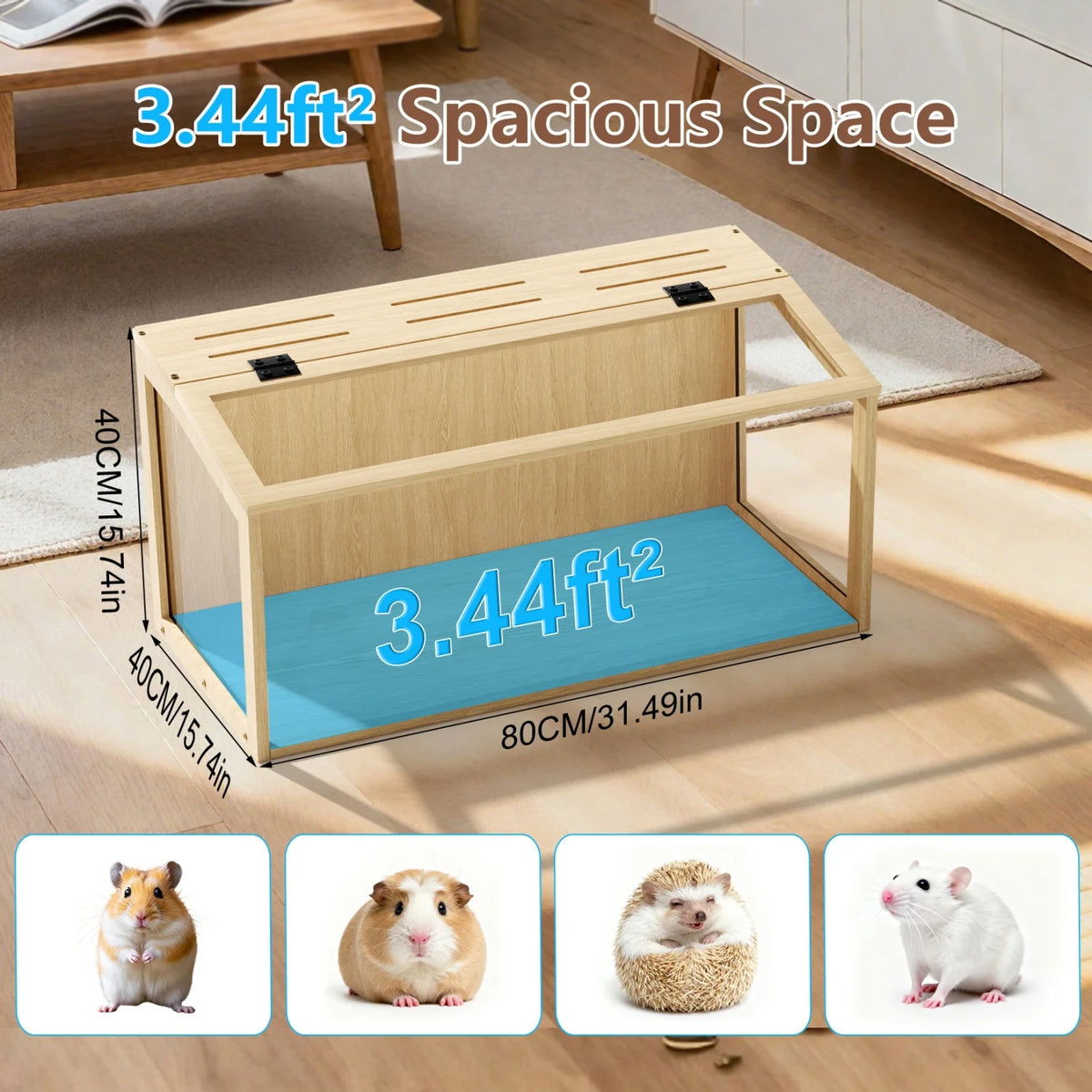 Chewproof Wooden Hamster Cage With Glass Panels And Led Light