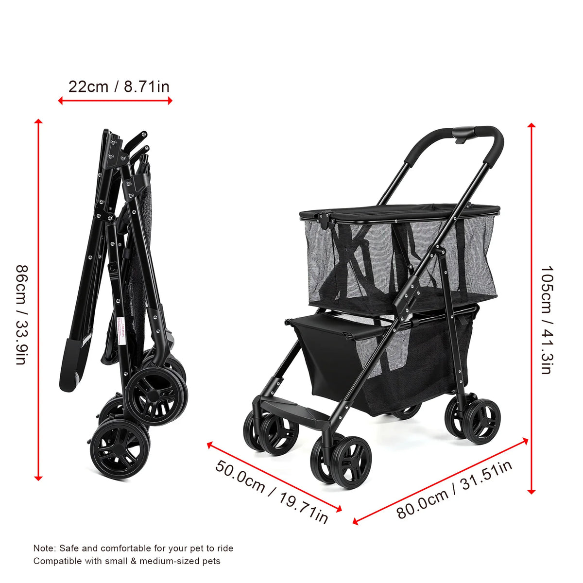 Folding Pet Stroller And Shopping Cart With Detachable Basket