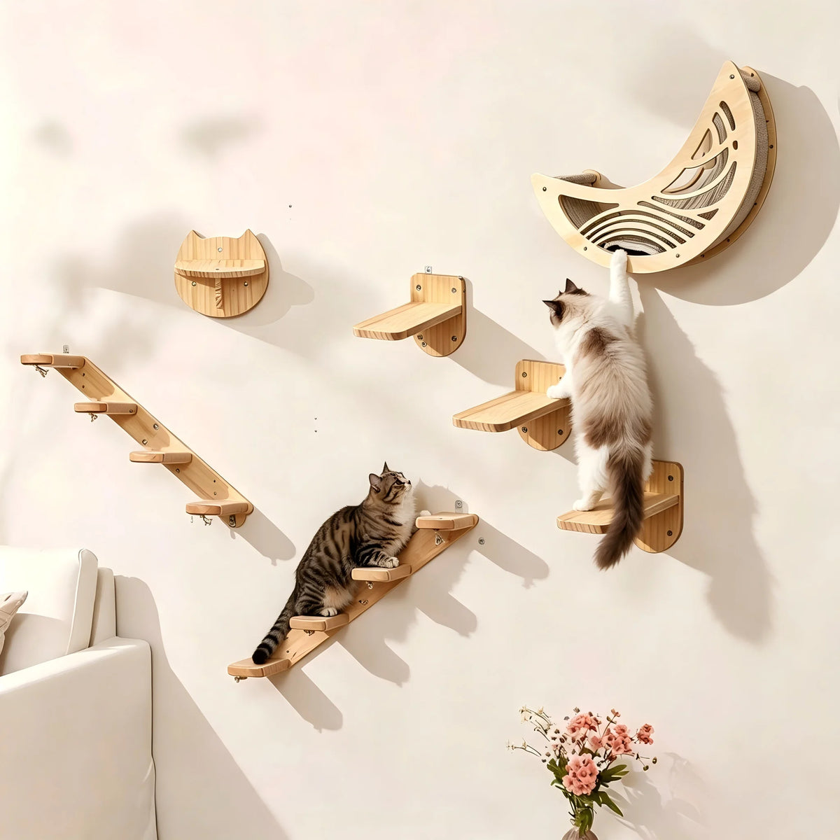 CWV Wall Mounted Cat Shelves Pine Wood Moon Hammock Star Frame