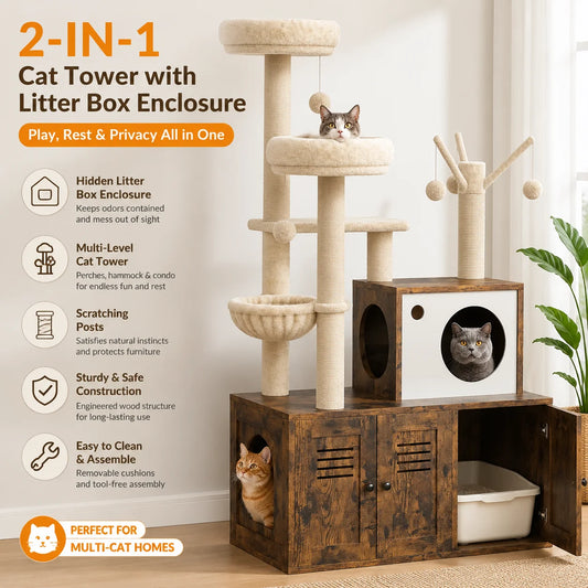 Modern 2-1 Cat Tower With Litter Box Enclosure And Perches