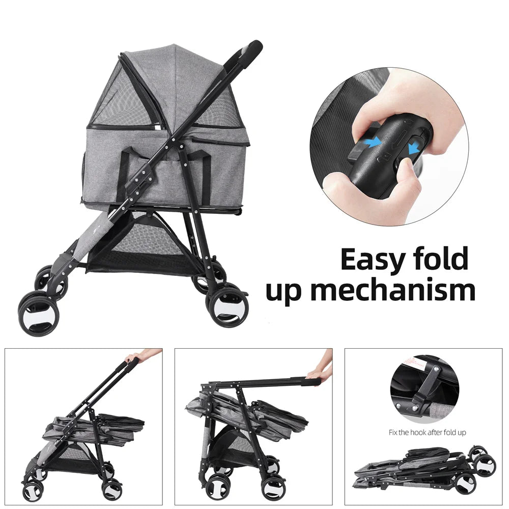 foldable pet dog stroller with storage basket and rain cover