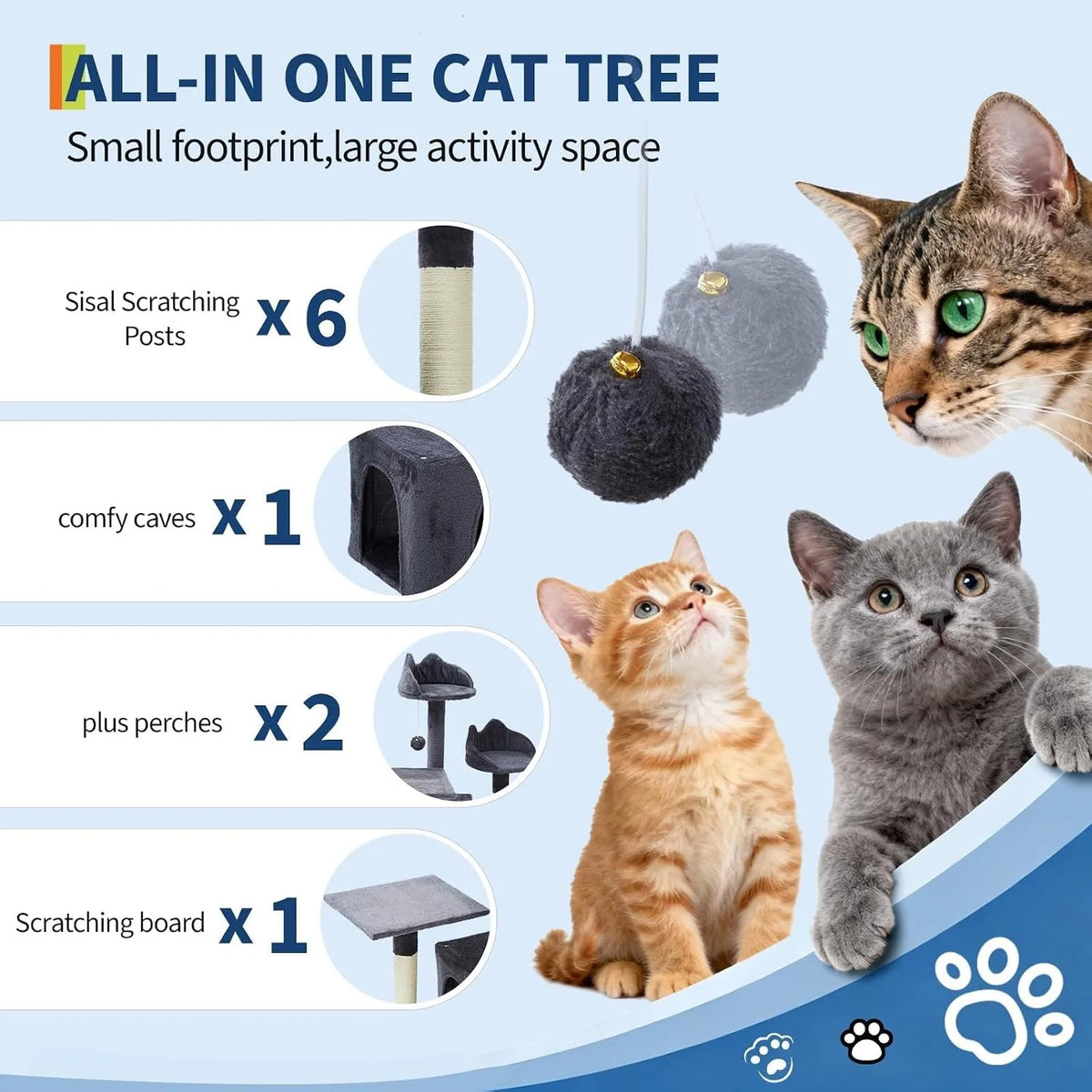 Tall 72 Inch Multi-Level Cat Tree With Scratching Posts