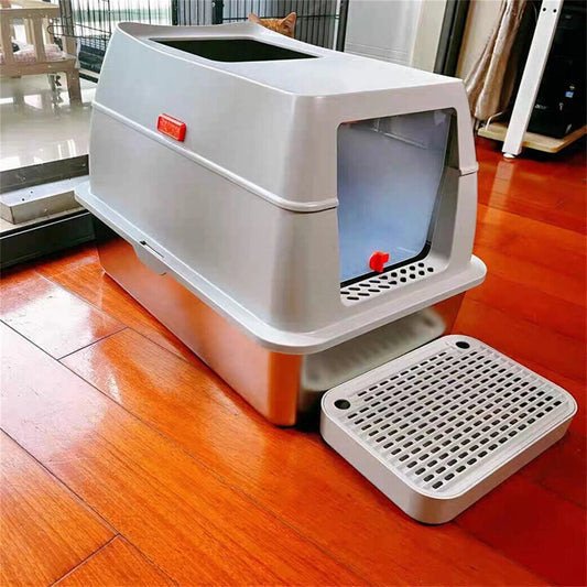Stainless Steel Enclosed Cat Litter Box With Lid And Scoop