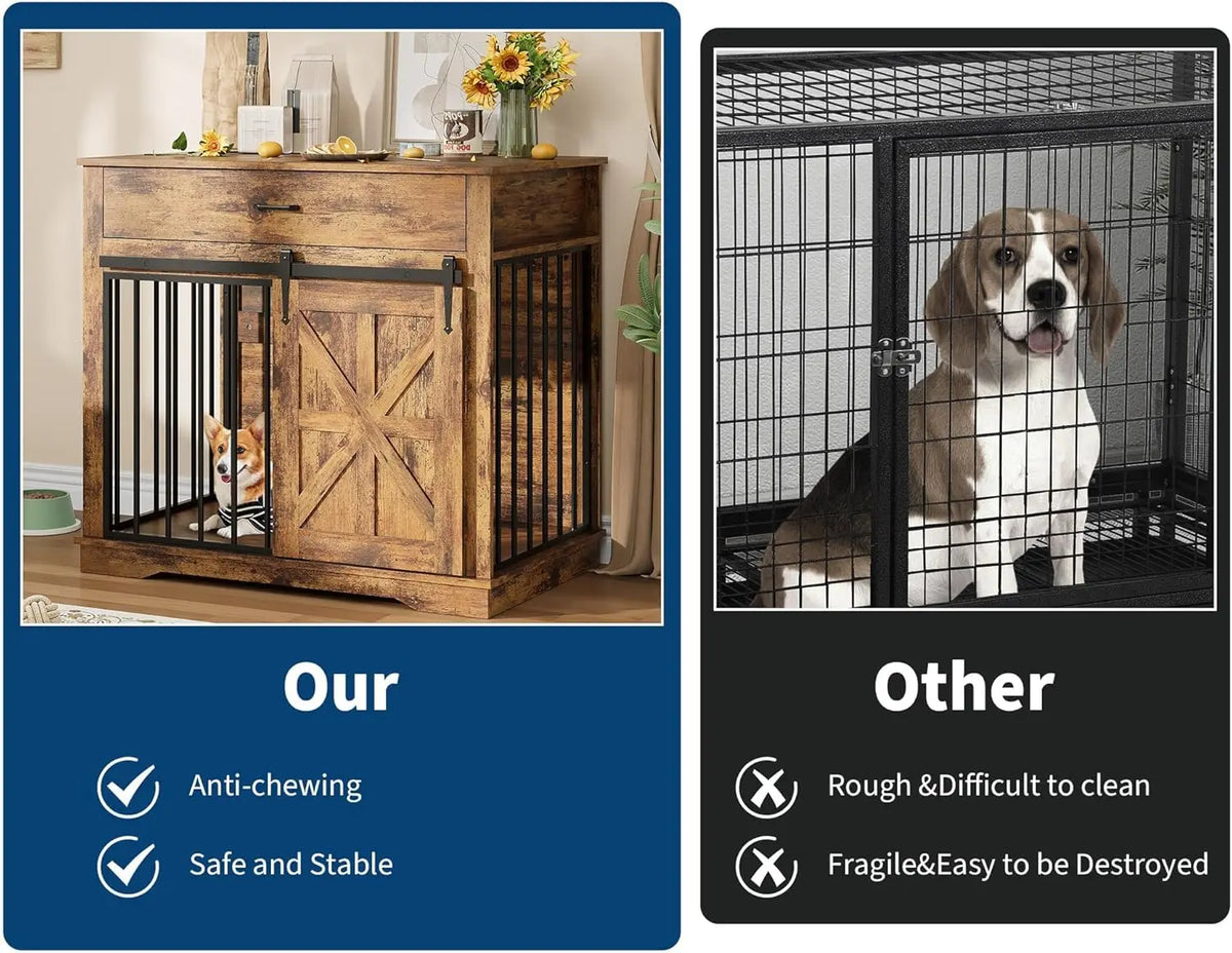 HiMISS Heavy Duty Ironwood Dog Crate Furniture With Barn Door