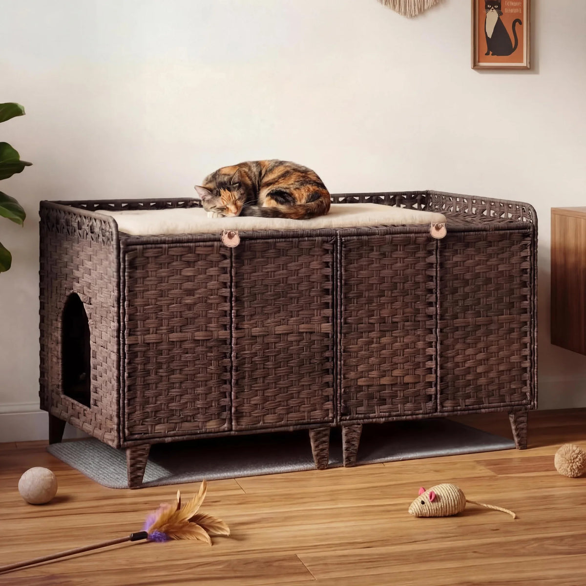 DishyKooker Rattan Litter Box Enclosure Hidden Doors Cat Furniture