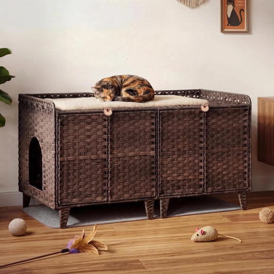 DishyKooker Rattan Litter Box Enclosure Hidden Doors Cat Furniture