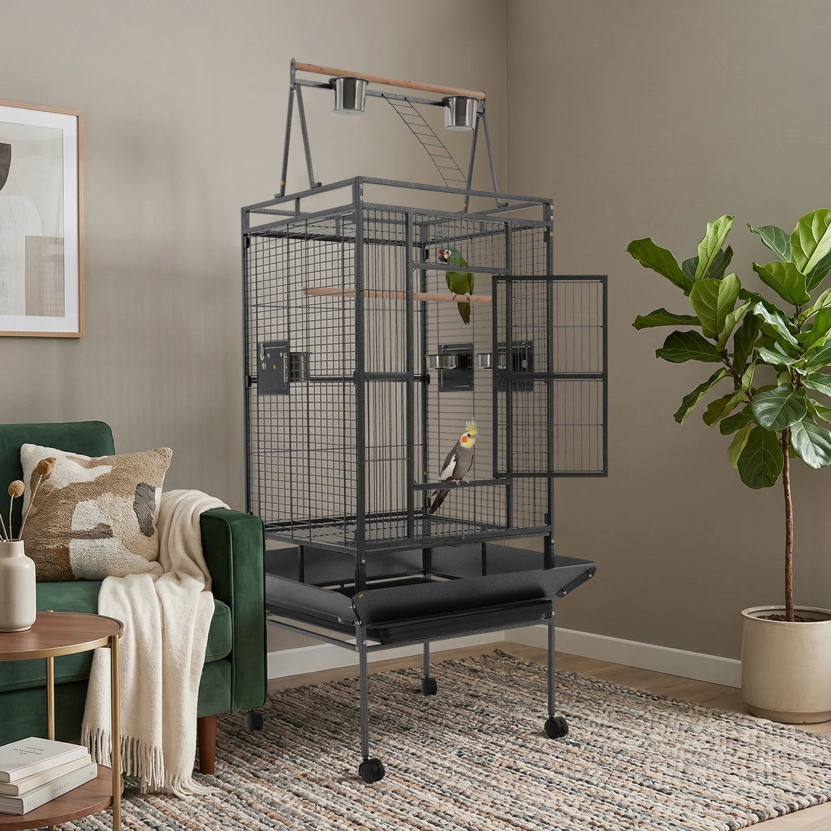 Spacious Rolling Parrot Aviary Cage With Lockable Wheels Metal Frame