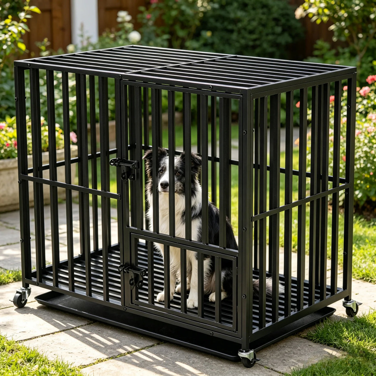 BINGOPAW Metal Dog Crate 4 Lockable Wheels Heavy Duty