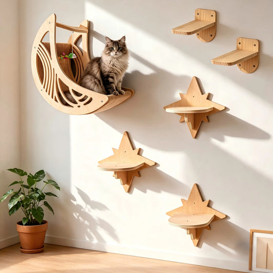 CWV Wall Mounted Cat Shelves Pine Wood Moon Hammock Star Frame