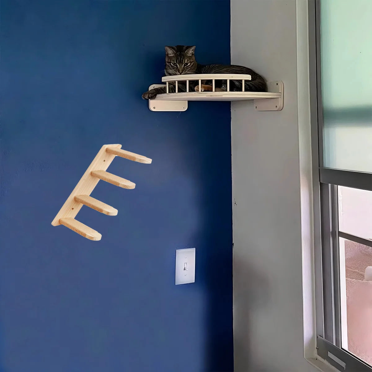 CWV Wooden Corner Hammock With Steps Wall Mounted Cat Tree