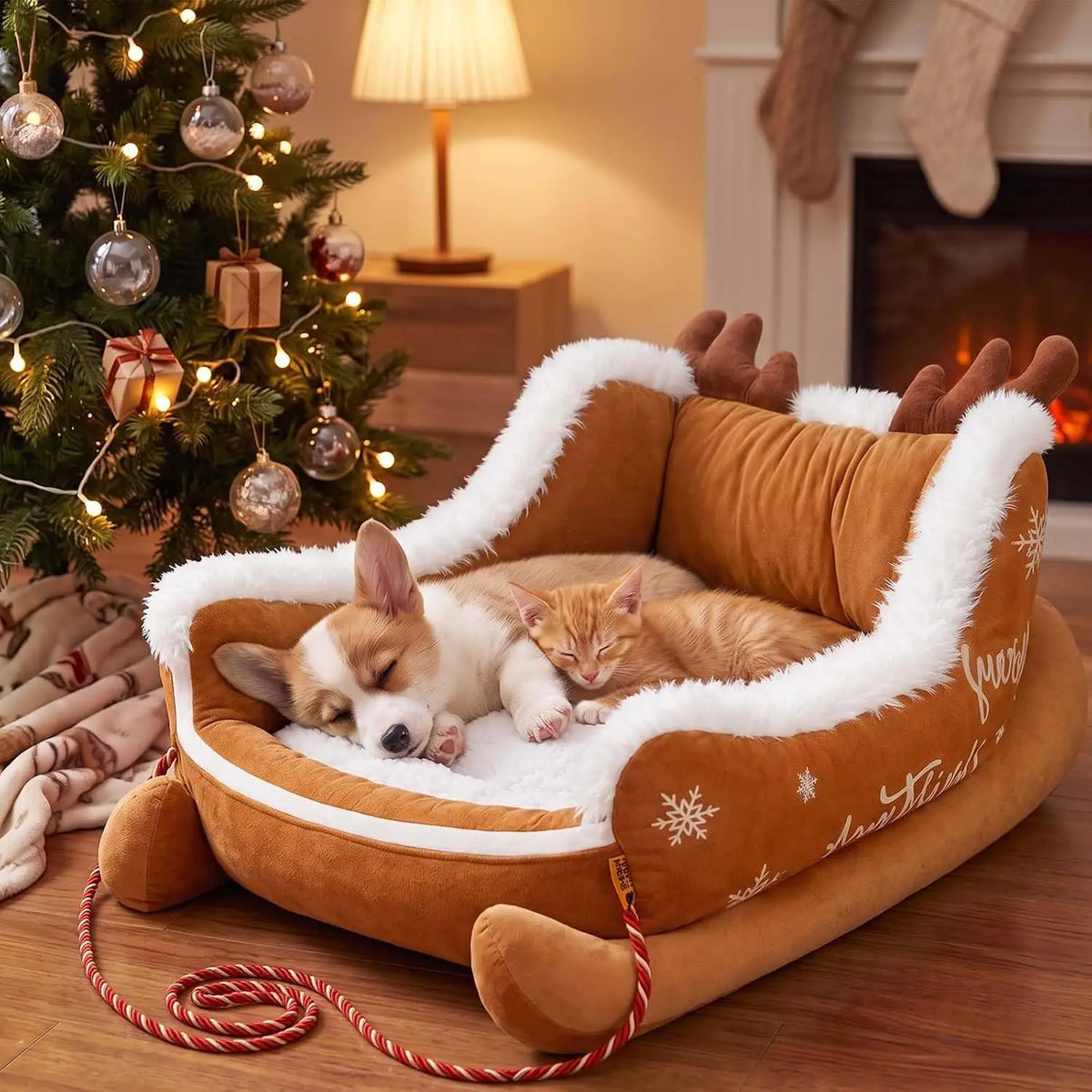 Christmas Dog Sleigh Bed, Calming Pet Sofa With Raised Sides