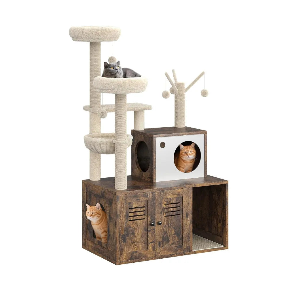 Modern 2-1 Cat Tower With Litter Box Enclosure And Perches