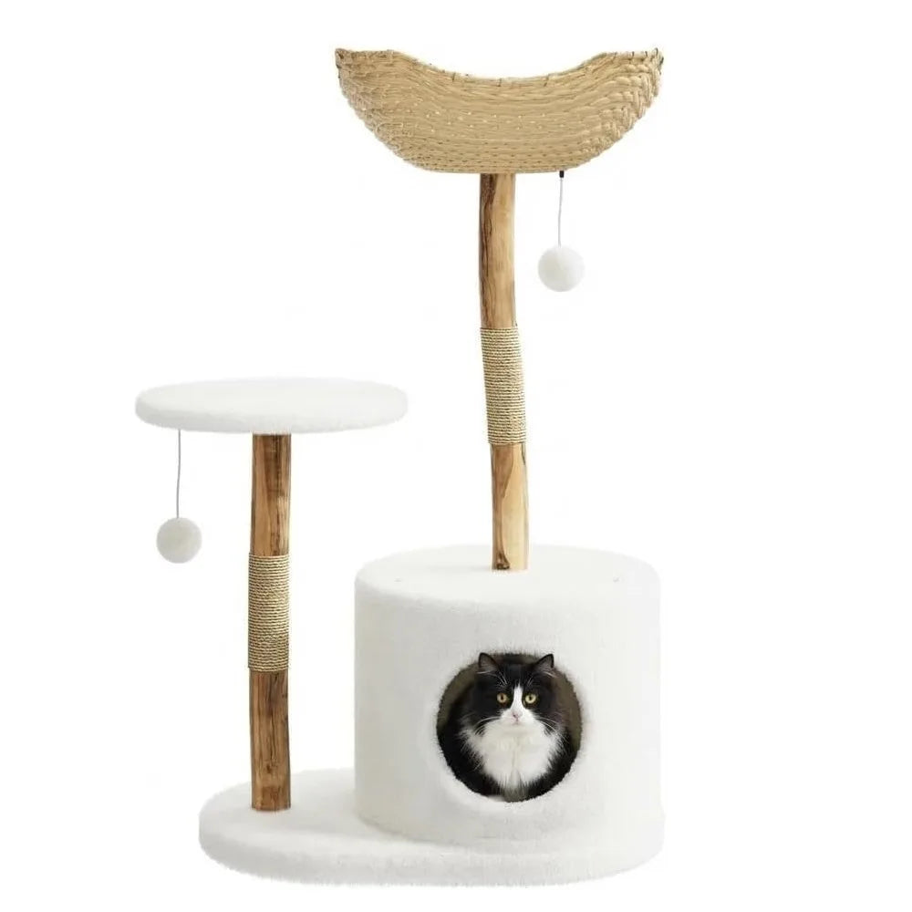 43 Inch Wooden Cat Tree Tower With Rattan Perches And Sturdy Base