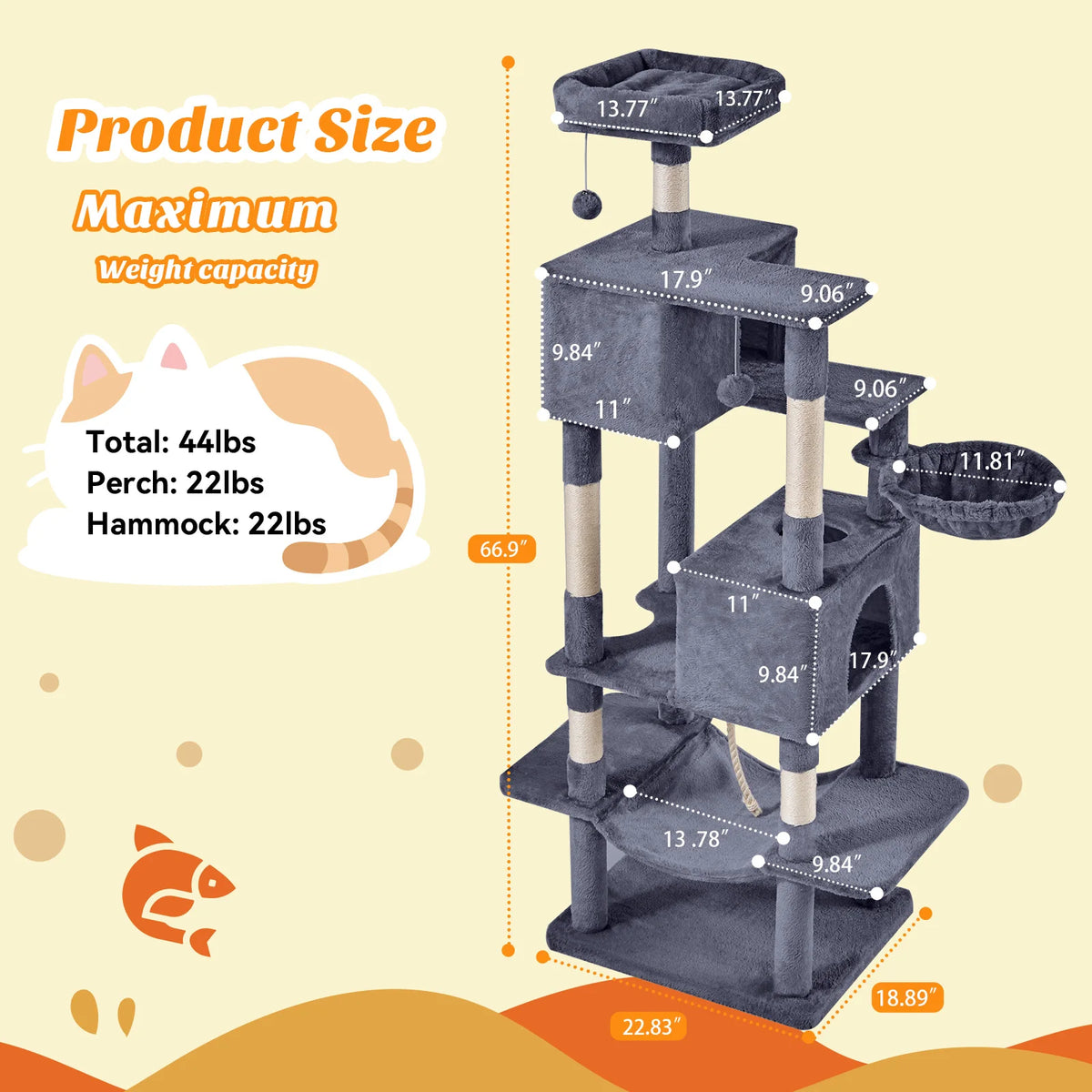 MCQ Five Level Cat Tree Tower With Natural Sisal Posts Pet Condo