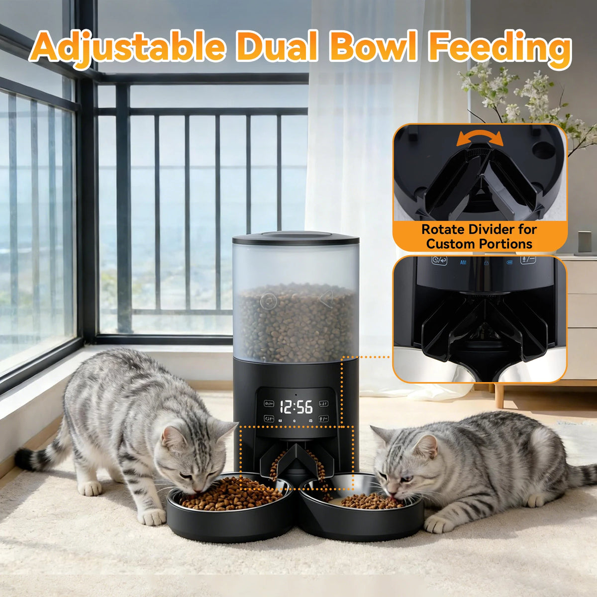 JHK 6L Automatic Cat Feeder With Timed Dual Stainless Bowls