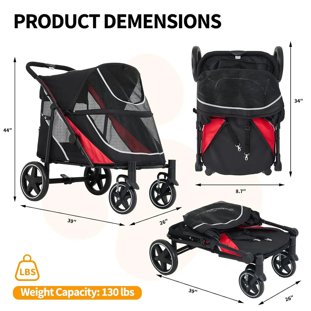 Heavy Duty Foldable Pet Stroller with Mesh Ventilation and Basket